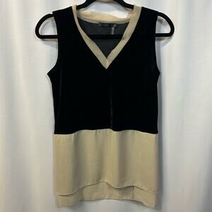 THML Black Beige Velour Chiffon Mixed V-Neck Blouse Top Small